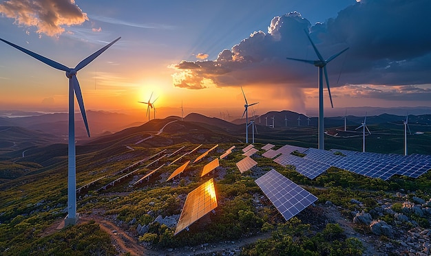 a sunset with wind turbines in the background