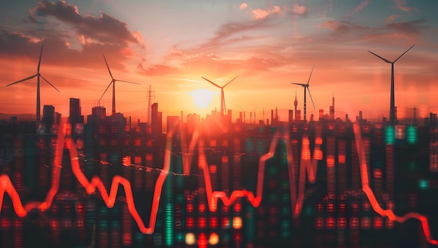 a sunset with wind turbines in the background