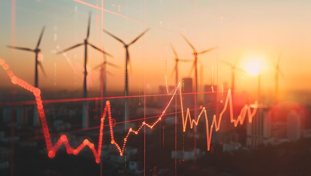 Photo a sunset with wind turbines in the background