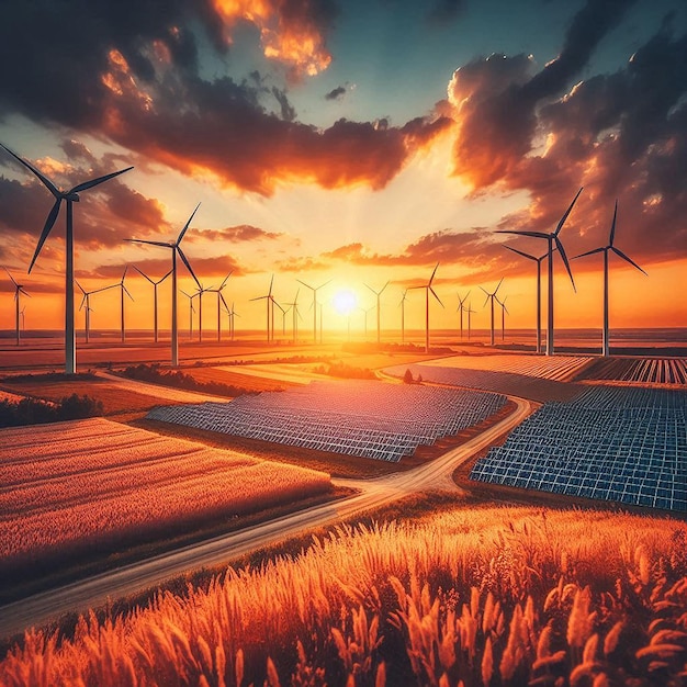 Photo a sunset with windmills in the foreground and a sunset in the background