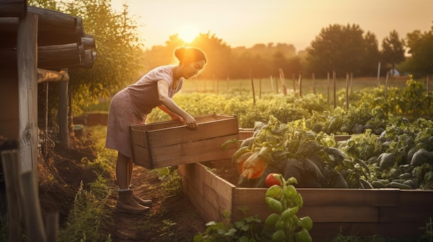 Sunset woman harvesting vegetables from her garden generative ai