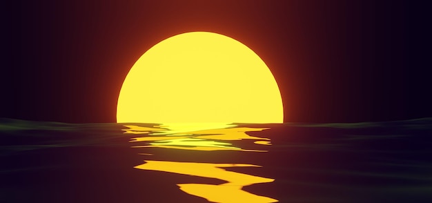 Sunset yellow sun reflection on water surface on background night sky Tropical sea landscape with moon path in orange light of evening sun 3d illustration Sunrise over ocean or lake summer seascape