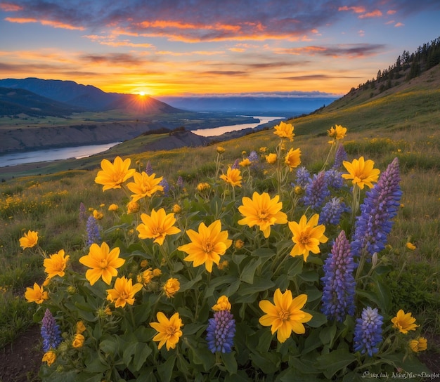 Sunset in Yellowstone National Park Wyoming USA Yellow and blue wildflowers in foreground