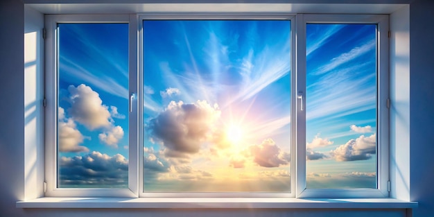 Sunshine clouds sky during morning background Bluewhite pastel heavensoft focus lens flare sunlight Abstract blurred cyan gradient of peaceful nature Open view out windows