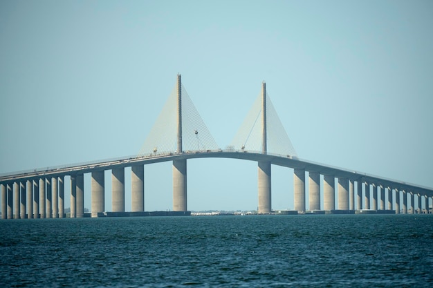 Sunshine Skyway Bridge over Tampa Bay in Florida with moving traffic Concept of transportation infrastructure