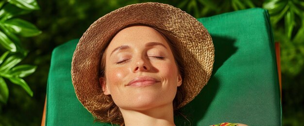 Photo sunsoaked woman lounging on a sunbed absorbing the warmth of the day