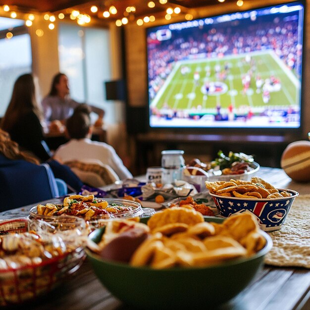 Photo a super bowl party with friends gathered around a big screen tv bowls of snacks and team decoratio