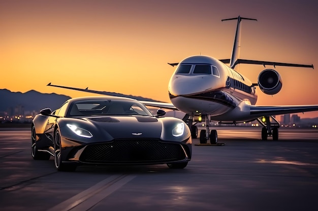 Super car and private jet on landing strip Business class service at the airport Business class tr