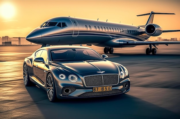 Super car and private jet on landing strip Business class service at the airport Business class transfer Airport shuttle AI Generative