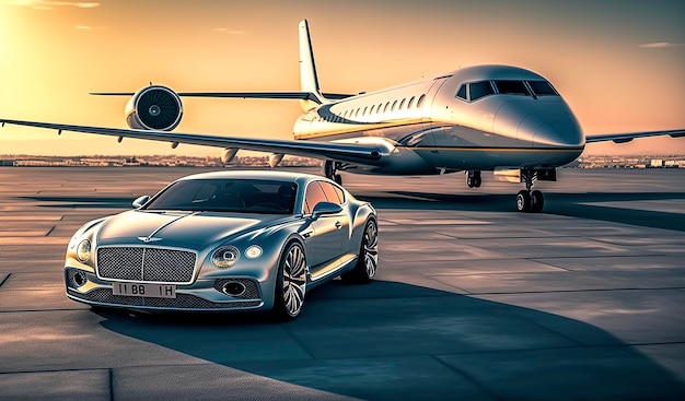 Super car and private jet on landing strip Business class service at the airport Business class transfer Airport shuttle AI Generative