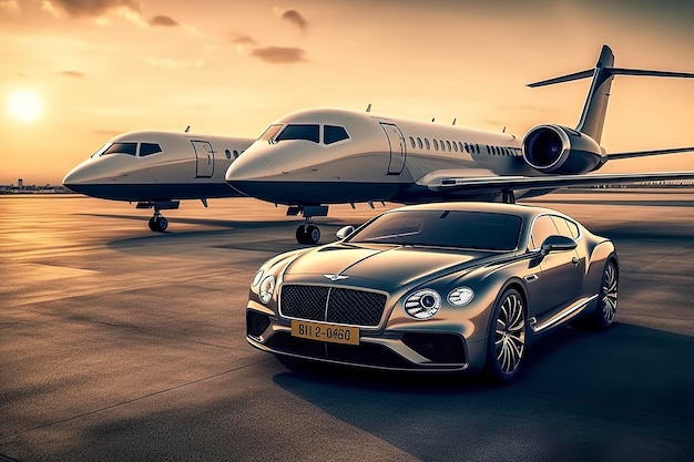 Super car and private jet on landing strip Business class service at the airport Business class transfer Airport shuttle AI Generative