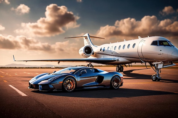 Photo super car and private jet on landing strip luxury lifestyle travel