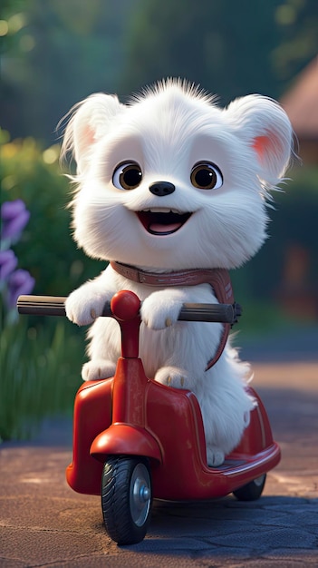 Super cute adorable fluffy little puppy smiling happily very happy riding an electric scooter with a rugosa basket to send rugosa generat ai