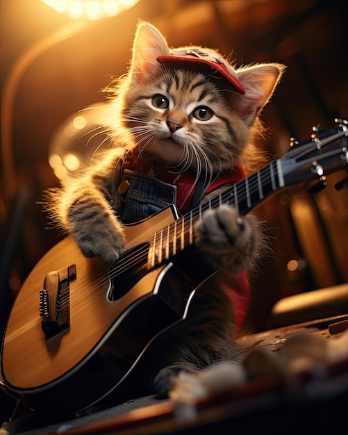 super cute cat playing guitar