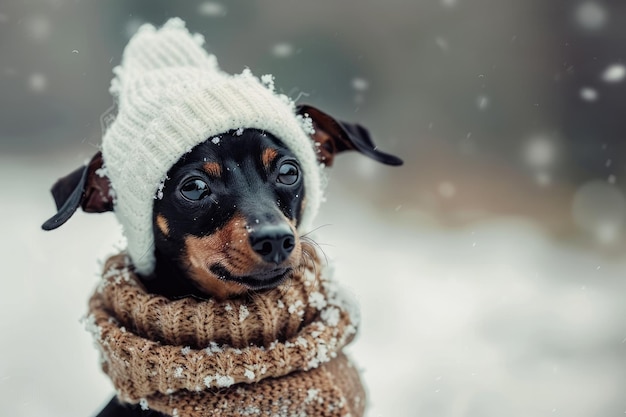 Photo super cute dog scarf in winter dog on a winter background in a scarf and hat