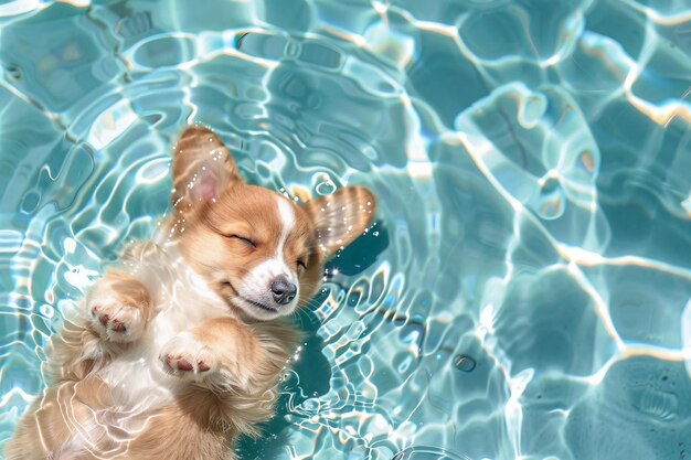 Super cute fluffy corgi baby lying and sleeping in the swimming pool