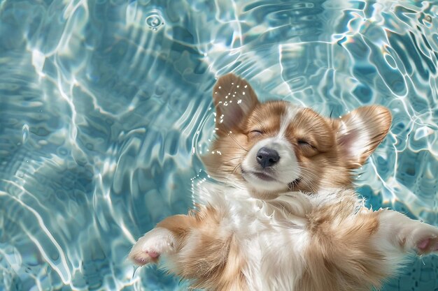 Super cute fluffy corgi baby lying and sleeping in the swimming pool