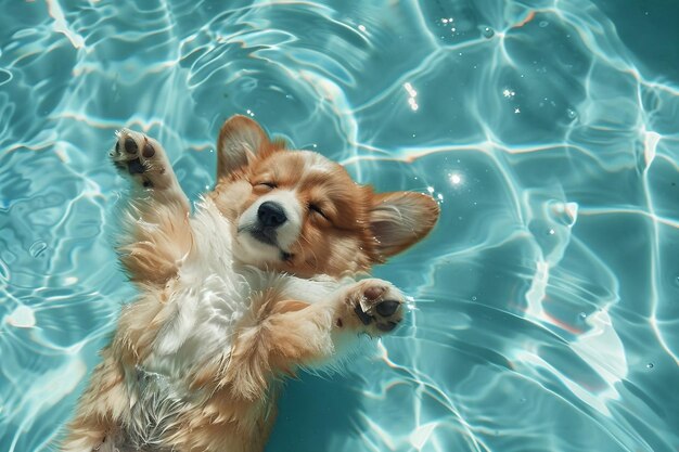 Super cute fluffy corgi baby lying and sleeping in the swimming pool