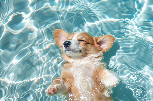 Super cute fluffy corgi baby lying and sleeping in the swimming pool