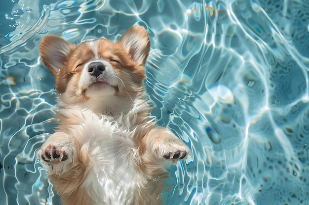 Super cute fluffy corgi baby lying and sleeping in the swimming pool