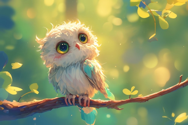 Super cute illustration of a baby owl perched on a branch vibrant colors soft focus detailed fur texture happy and playful mood