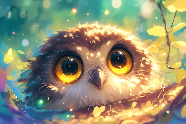 Super cute illustration of a baby owl vibrant colors soft focus detailed fur texture happy and playful mood