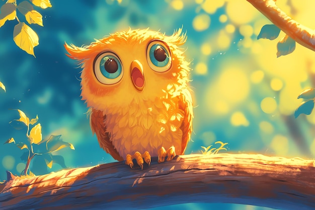 Super cute illustration of a owl hooting vibrant colors soft focus detailed fur texture happy and playful mood