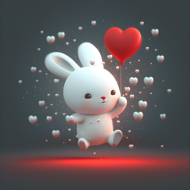 Super cute little anthropomorphic little white rabbit with red heartshaped balloon in hand