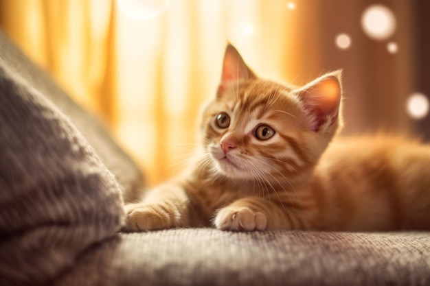 Photo a super cute orange kitten lying on the sofa adorable international cat day