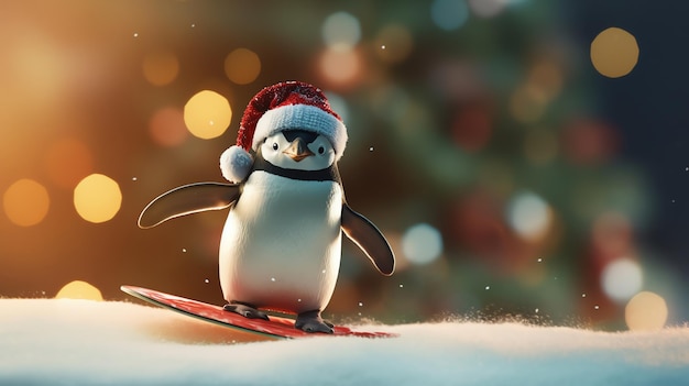 Super cute penguin wearing Santa hat and riding a surf AI generated image