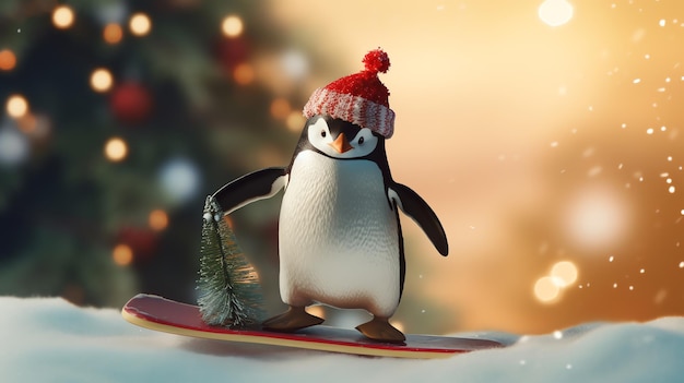 Super cute penguin wearing Santa hat and riding a surf AI generated image