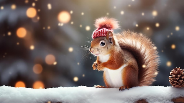 Super cute squirrel wearing knitted Santa hat Christmas greeting card AI generated image