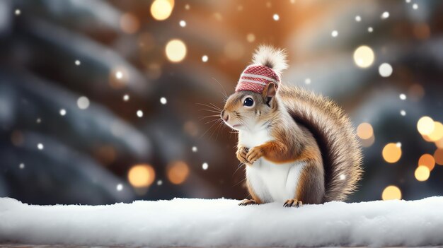 Super cute squirrel wearing knitted Santa hat Christmas greeting card AI generated image