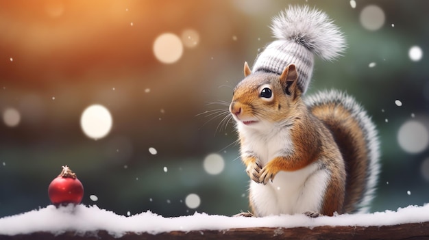 Super cute squirrel wearing knitted Santa hat Christmas greeting card AI generated image