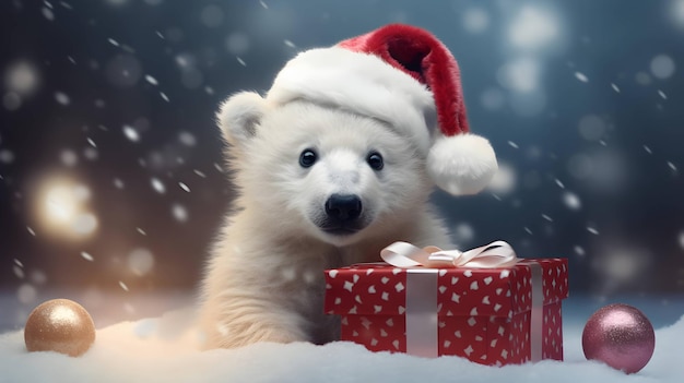 Super cute white polar bear in Santa hat with giftbox AI generated image