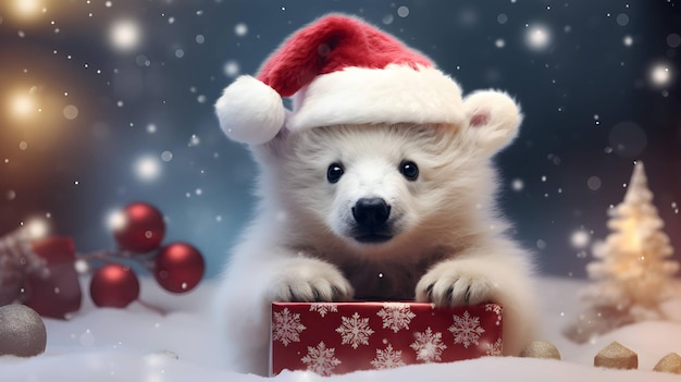 Super cute white polar bear in Santa hat with giftbox AI generated image