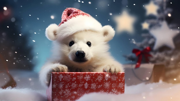 Super cute white polar bear in Santa hat with giftbox AI generated image