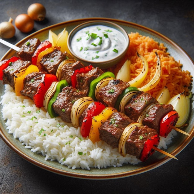 Super delicious food rice with beef kabab and sauce