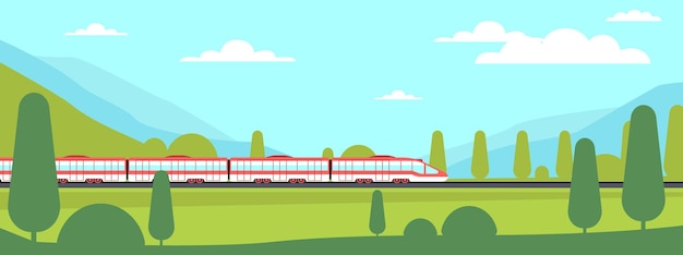 Photo super express train travels on railroad with mountains and forest in background modern rail landscape summer nature panorama road station cartoon flat illustration vector concept