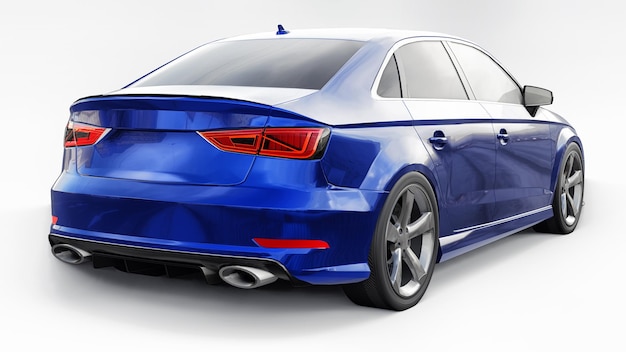 Super fast sports car color blue metallic on a white background. Body shape sedan. Tuning is a version of an ordinary family car. 3d rendering.