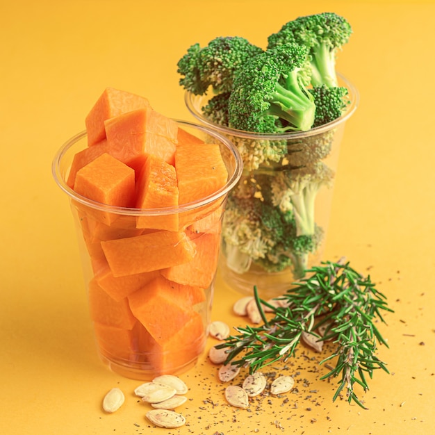 Super food. broccoli and pumpkin ready to cook. with spices, rosemary and pumpkin seeds.