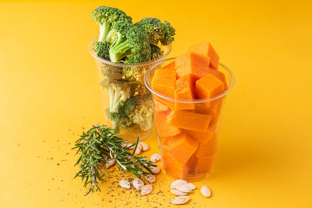 Super food. broccoli and pumpkin ready to cook. with spices, rosemary and pumpkin seeds.