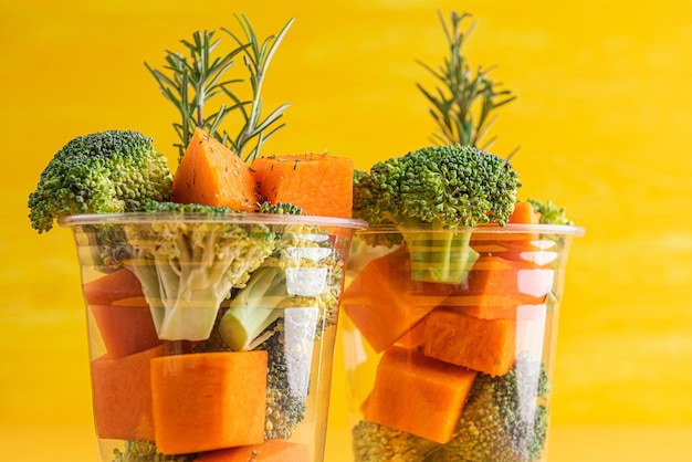 Super food. broccoli and pumpkin ready to cook. with spices, rosemary and pumpkin seeds.