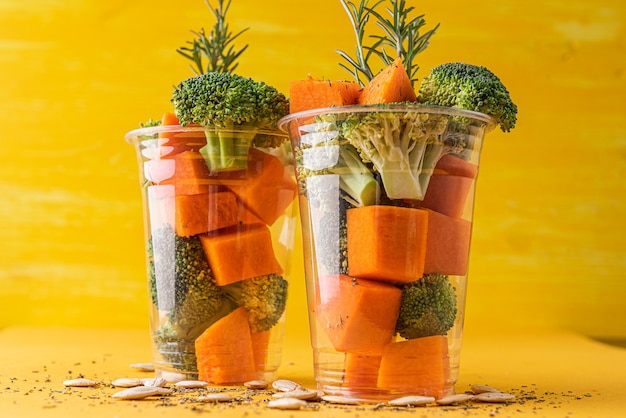 Super food. broccoli and pumpkin ready to cook. with spices, rosemary and pumpkin seeds.