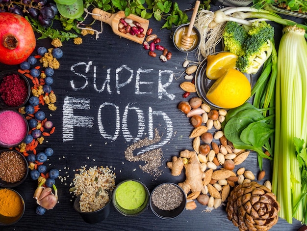 Super food selection Various super foods and healthy foods Detox Fiber rich food