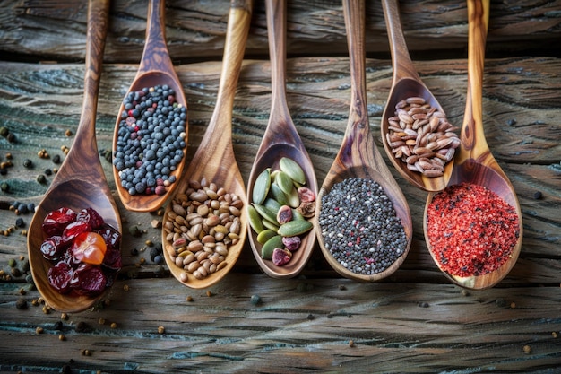 Super foods in spoons and bowls on a wooden background