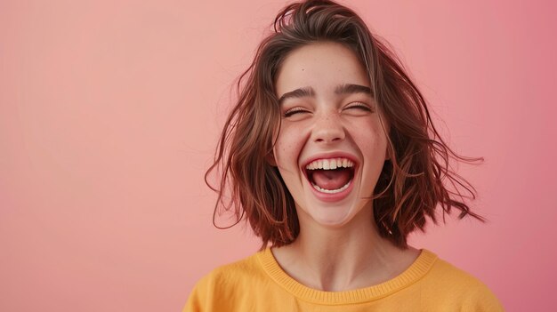 Super happy woman on isolated pink background