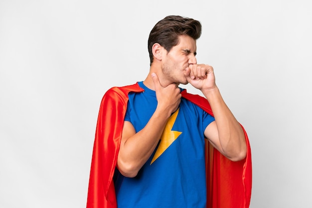 Super Hero caucasian man over isolated white background is suffering with cough and feeling bad