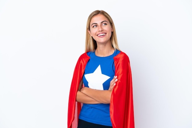 Super Hero caucasian woman isolated background happy and smiling