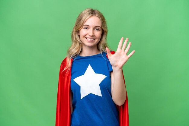 Super Hero English woman over isolated background counting five with fingers